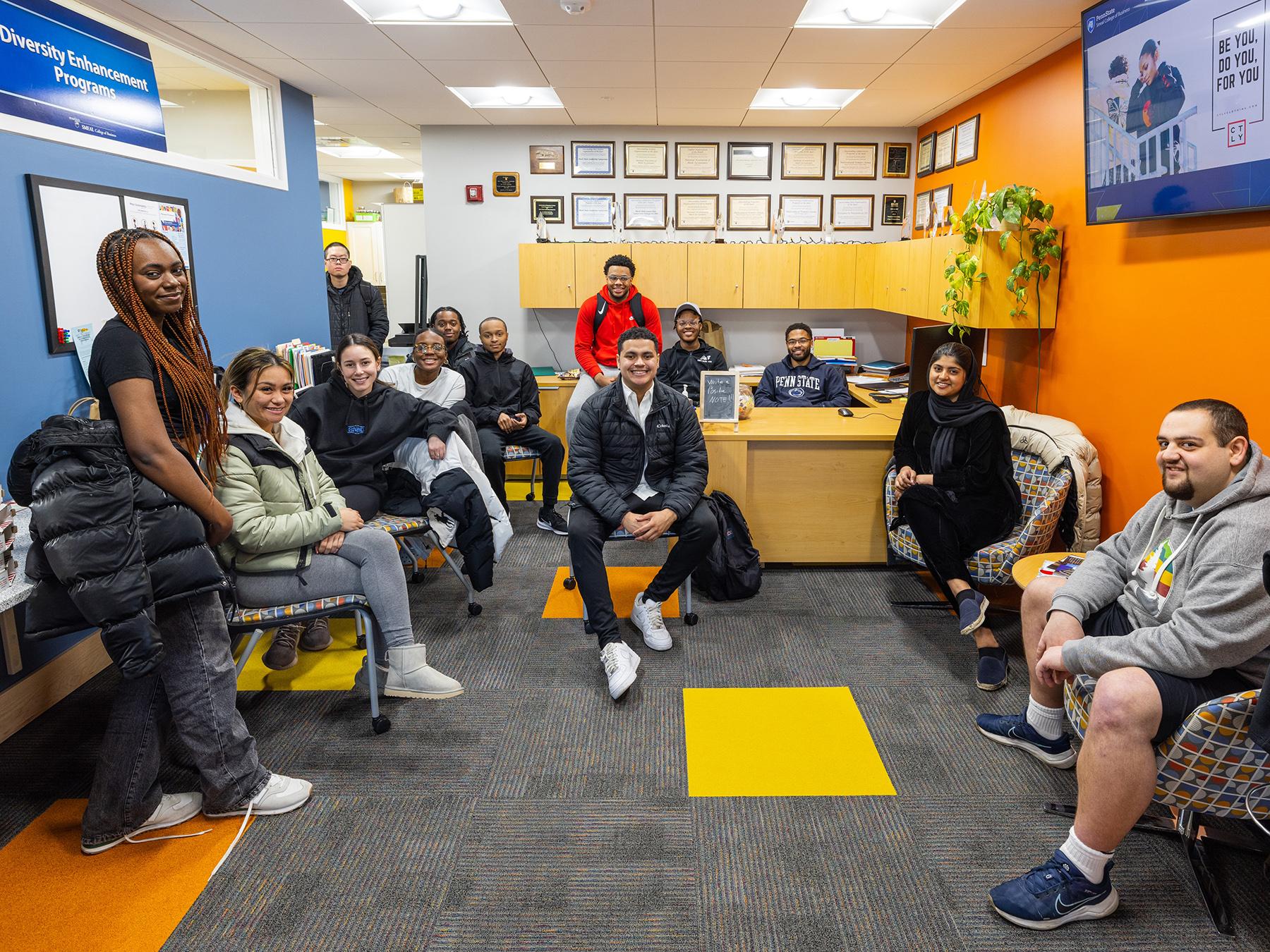 Students congregate in the Smeal Office of Diversity Enhancement Programs.