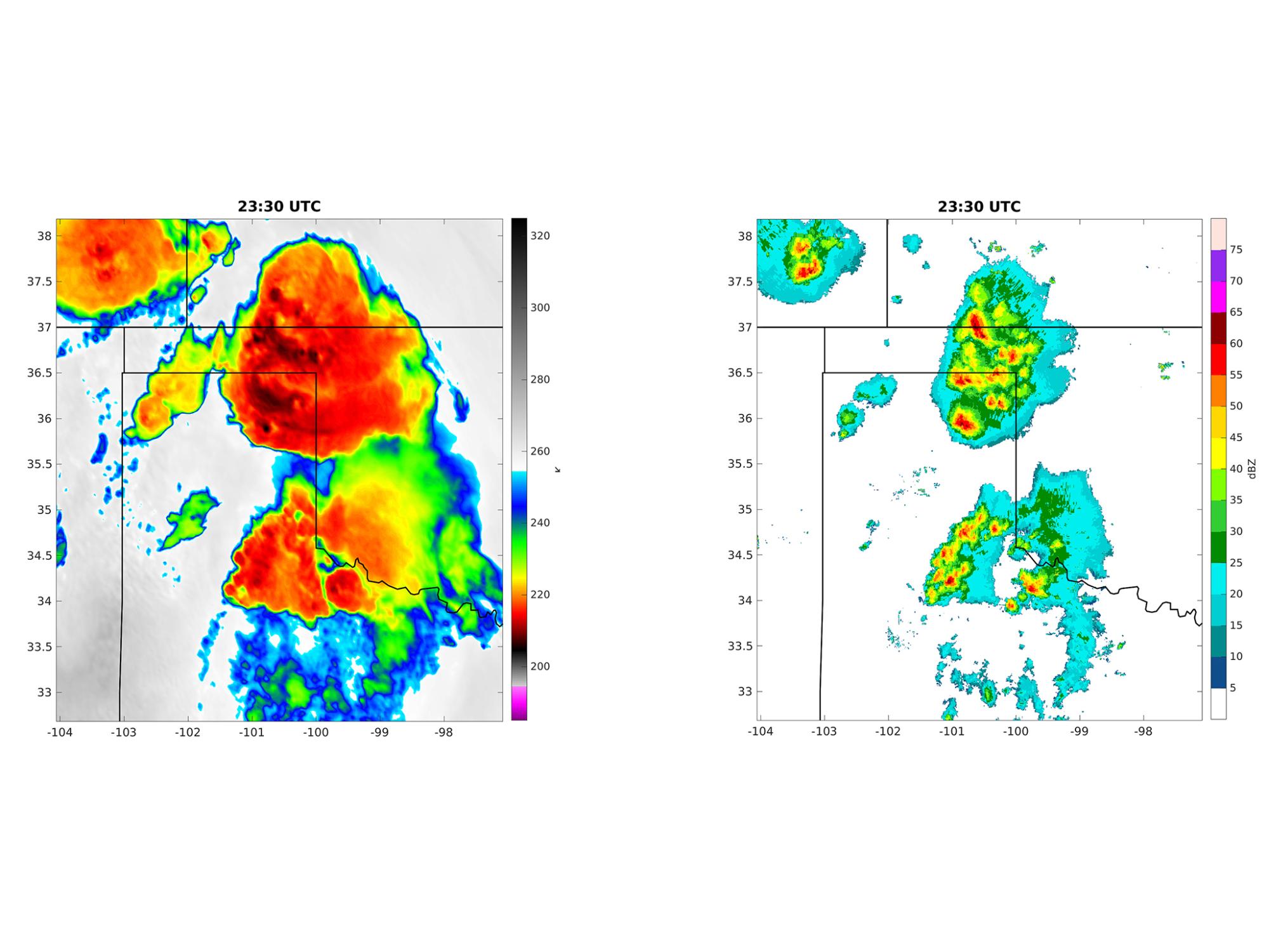 Two separate satellite and radar data images from a thunderstorm 