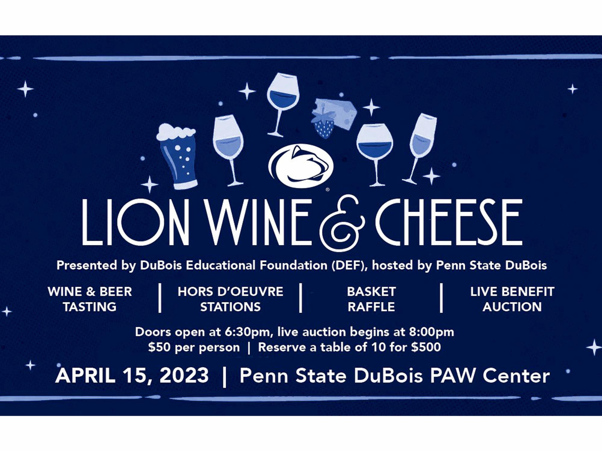 Graphic showing details for the Lion wine and cheese event on April 15 at the PAW Center on the campus of Penn State DuBois