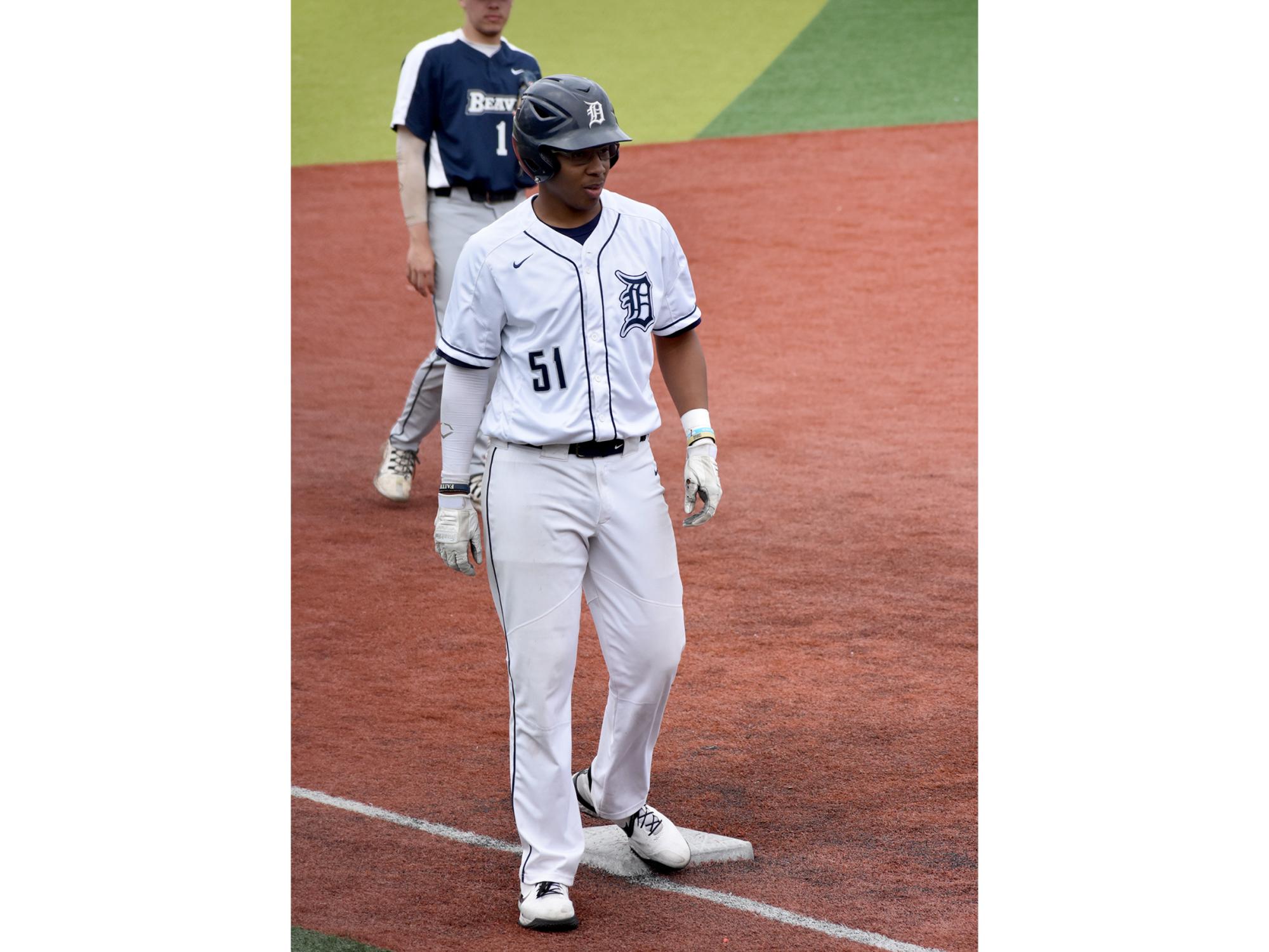Jorge Rodriquez preparing to take his lead off third base during a recent baseball game at Showers Field in DuBois
