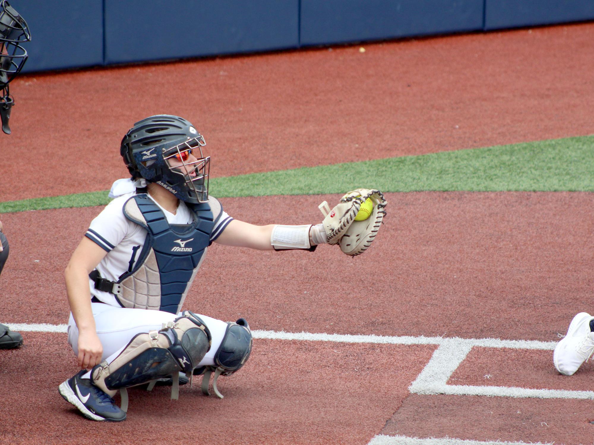 Penn State DuBois senior Larissa James-LaBranche catches a strike during a recent home game at Heindl Field