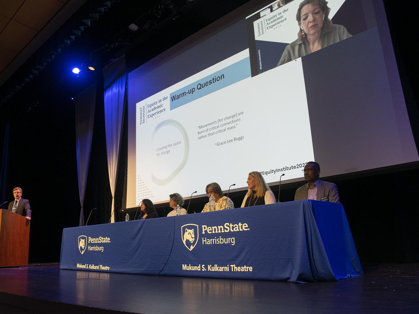 Panel on state in front of a Zoom projector