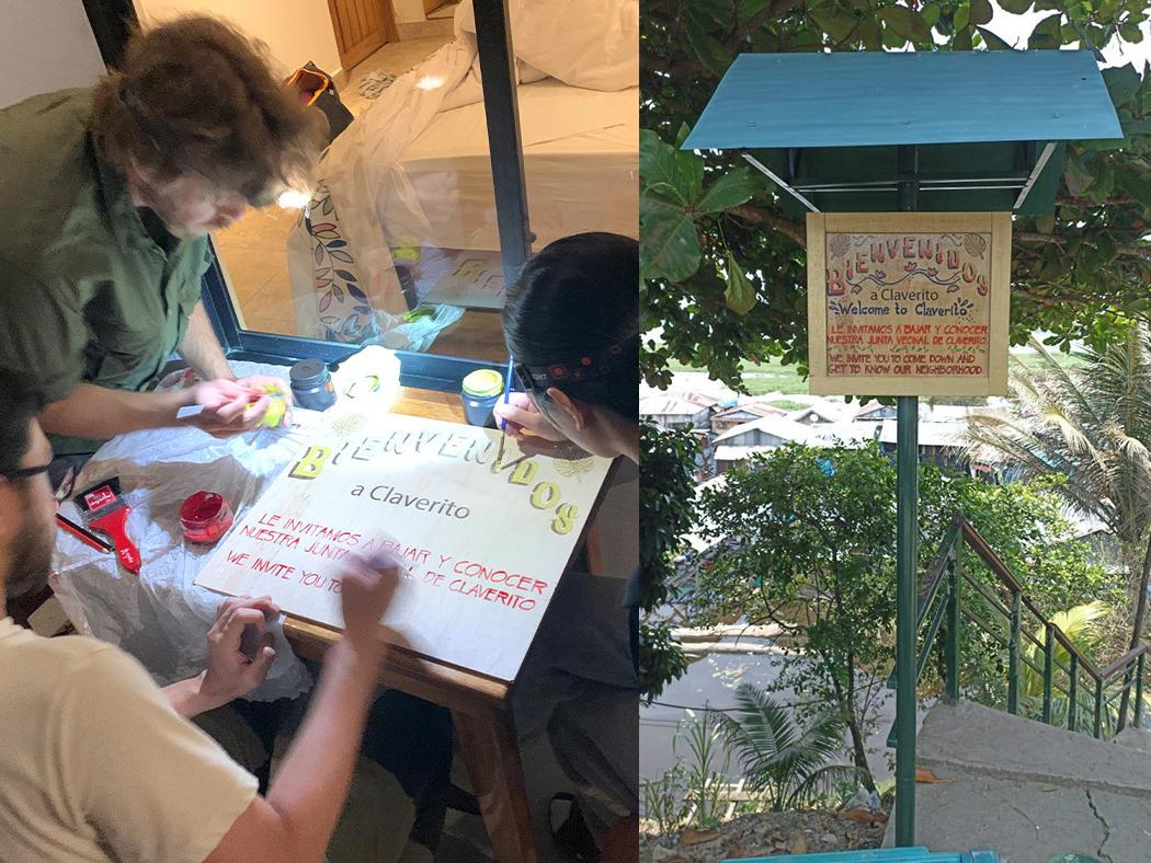A split screen of two images. At left, Penn State students creating a new sign for the Clarevito community. At right, the finished sign stands at the entrance to the community. 