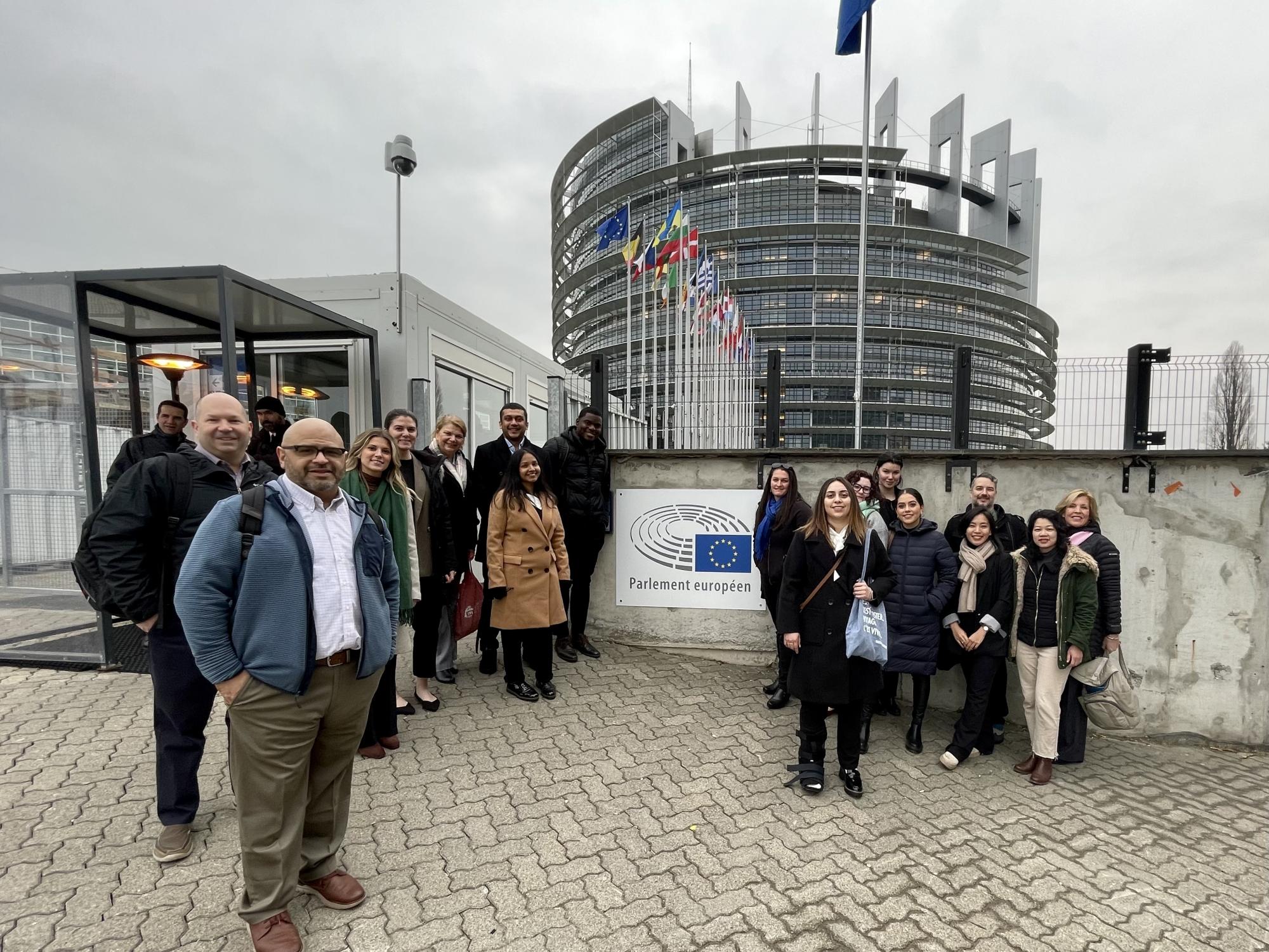 A group of Penn State Great Valley students outside the European Parliament
