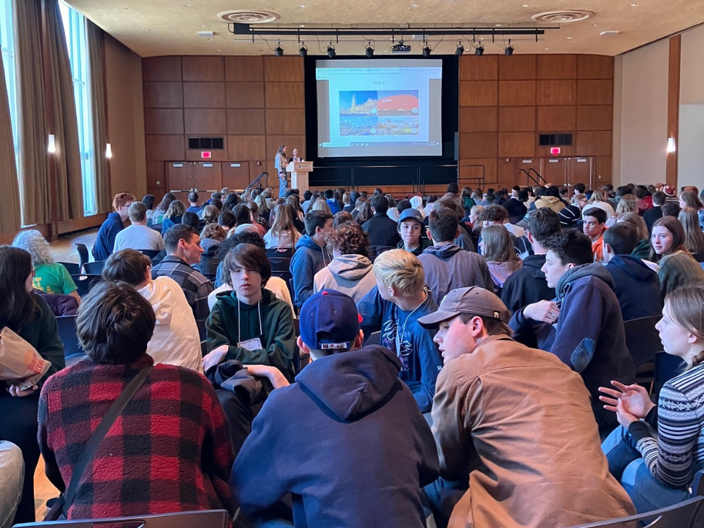 High school students sit in Alumni Hall in the HUB-Robeson Center during German Day on March 15