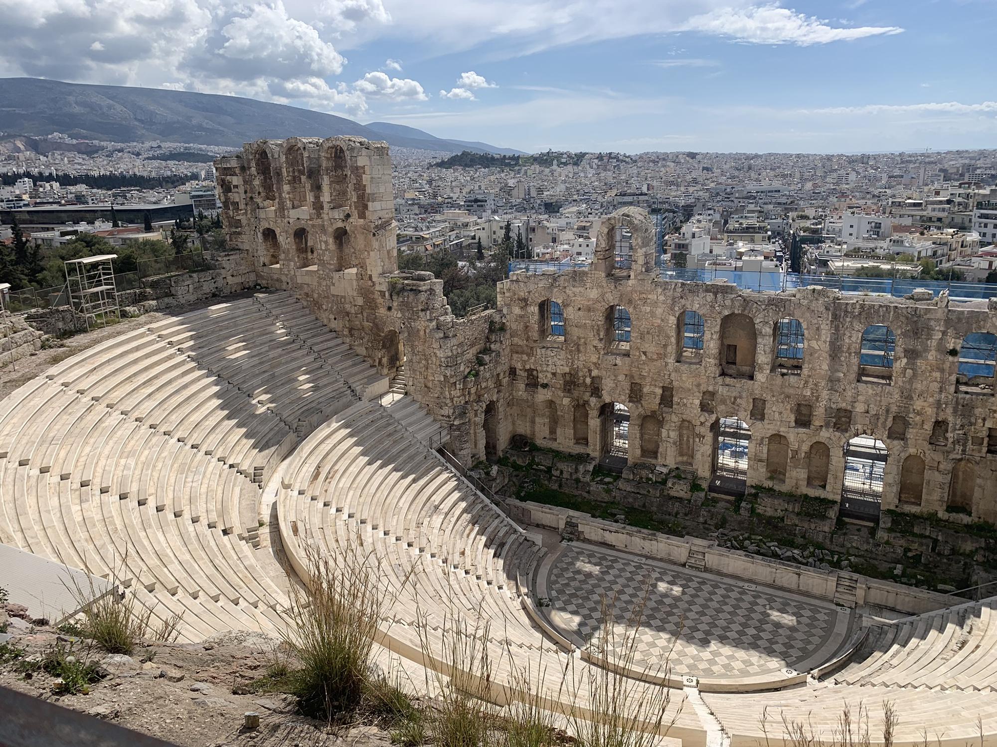 Bird’s-eye view of the Odeon of Herodes Atticus amphitheater in Athens, Greece.