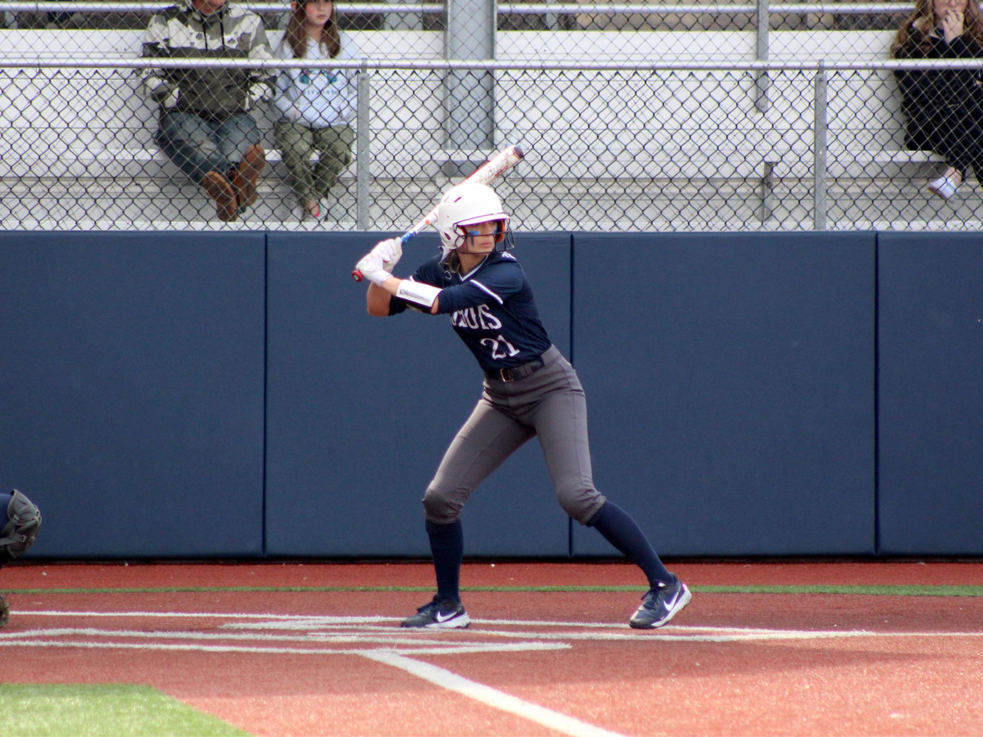 Penn State DuBois sophomore Abby Pentz stands ready in the batter’s box for the next pitch in an at bat during a recent home game at Heindl Field in DuBois