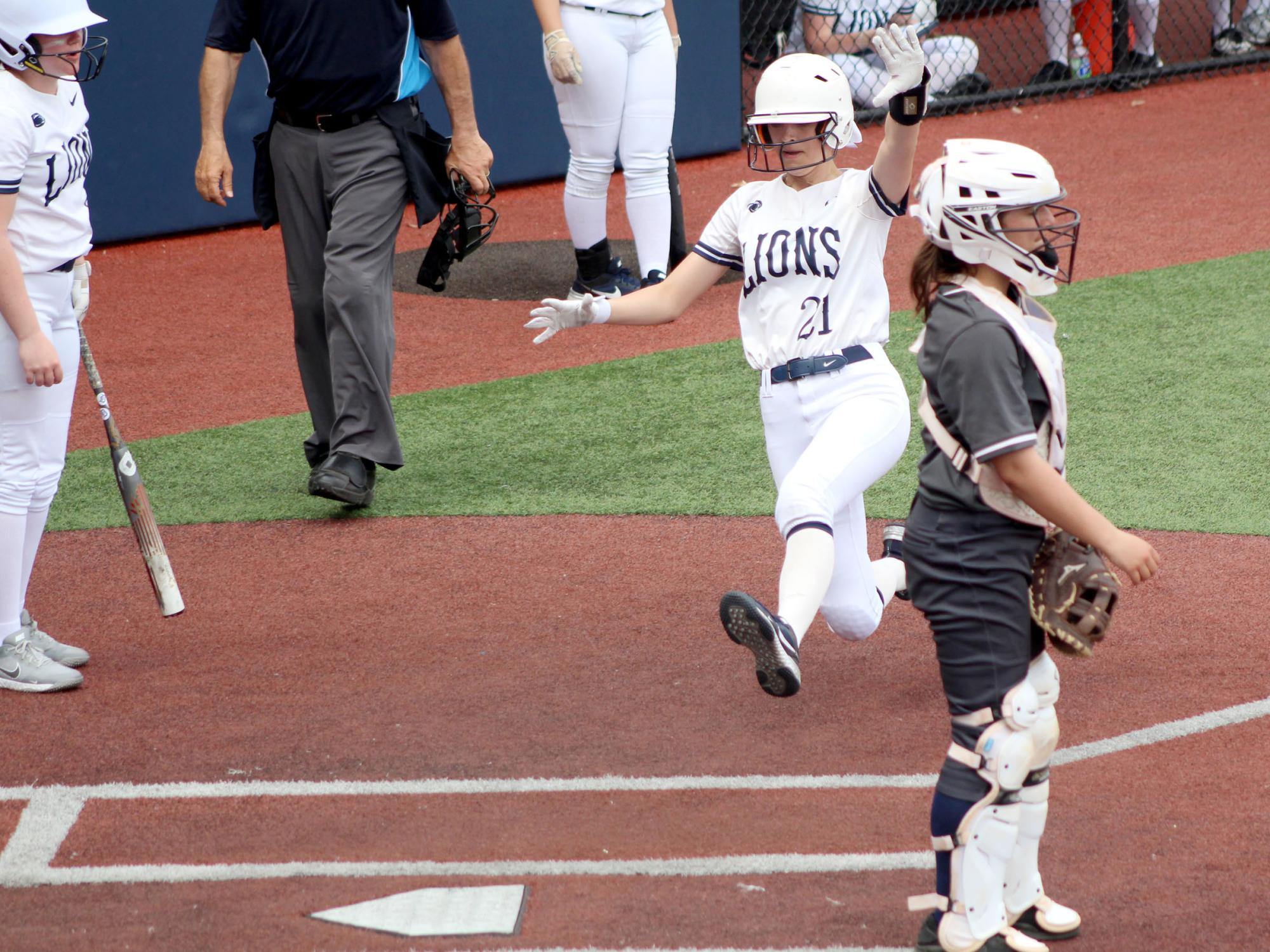 Penn State DuBois sophomore Abby Pentz begins her slide home to score one of the 20 runs she scored during the 2023 season