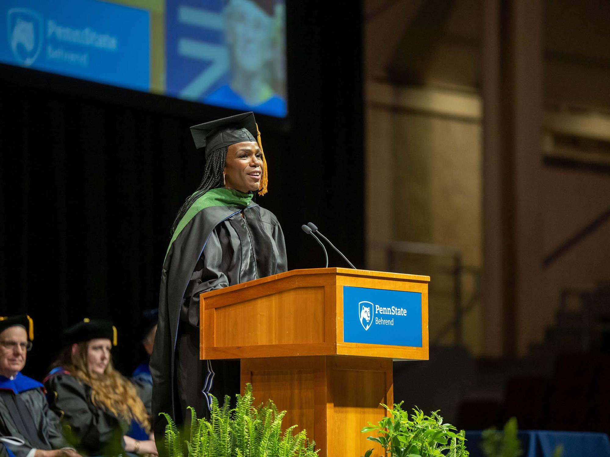 Dr. Ala Stanford gives the commencement address at Penn State Behrend's spring 2023 commencement ceremony.