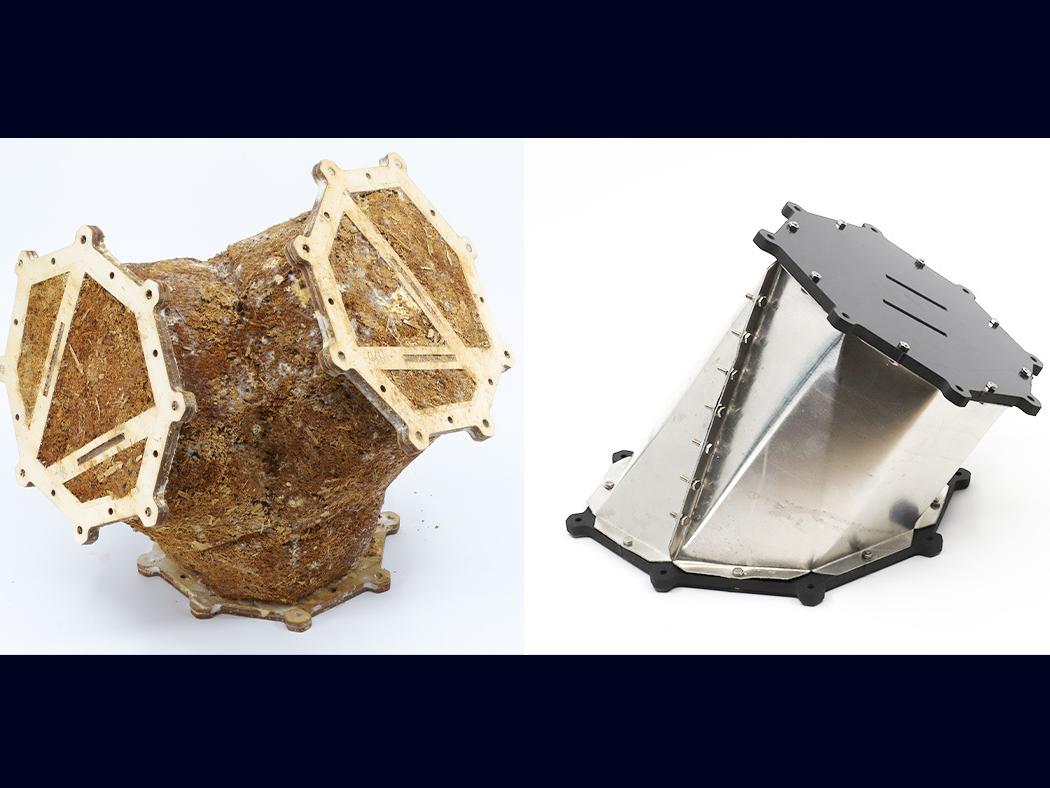 A split-screen image of a structural component made with mycelium at left and a metal component that help comprise the MycoCreate structure. 