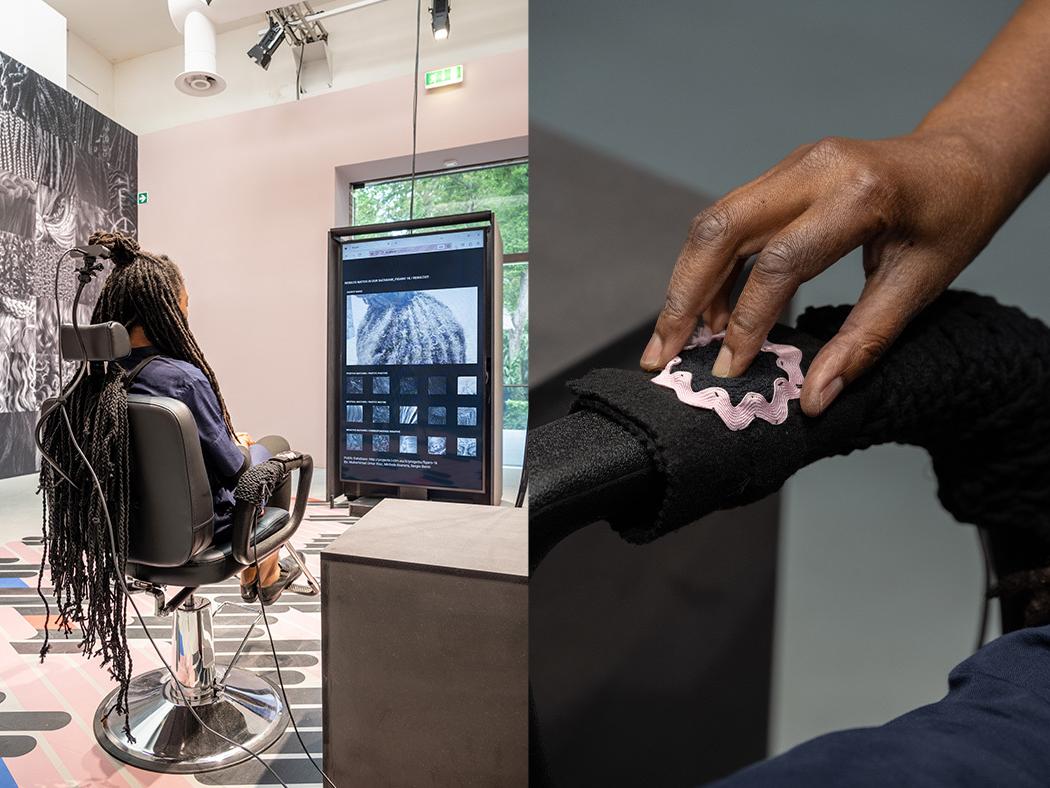 A split screen image of the back of Felecia Davis' head as she sits in front of a screen that is scanning her head at left and an image of the button on the arm of the Hair Salon chair.