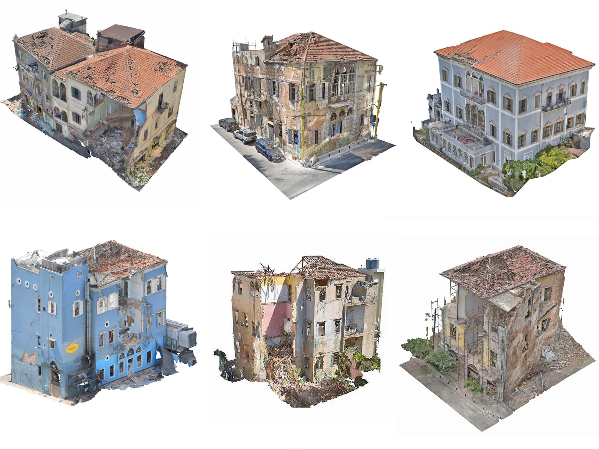 3D models of six damaged buildings on a white background