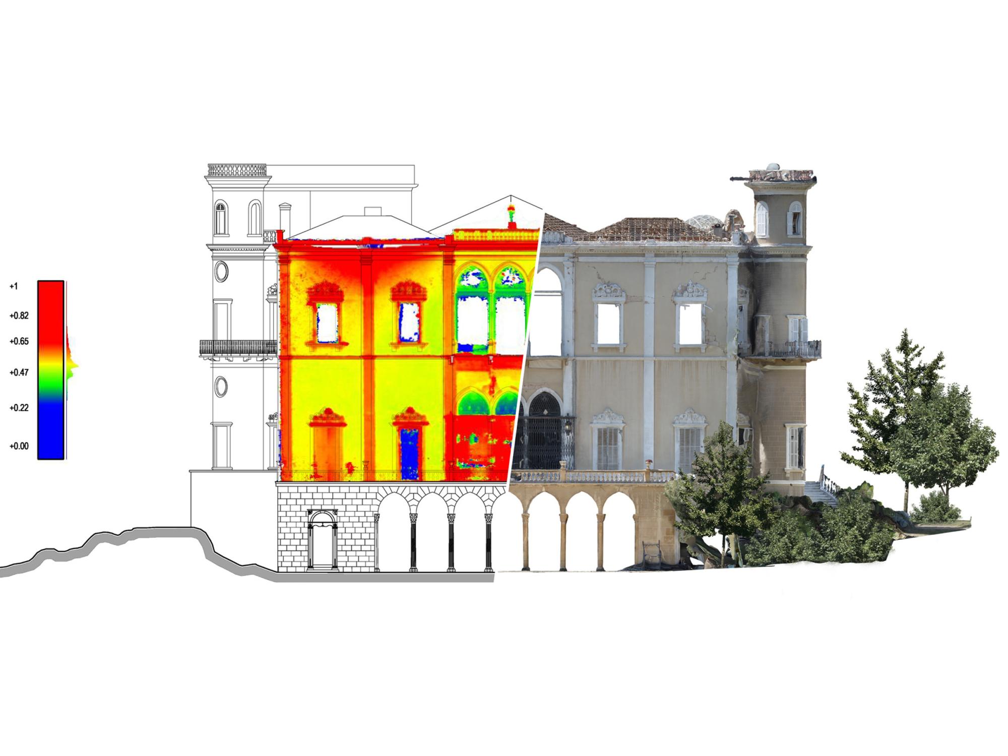 3D model of damaged building with a color classification overlay