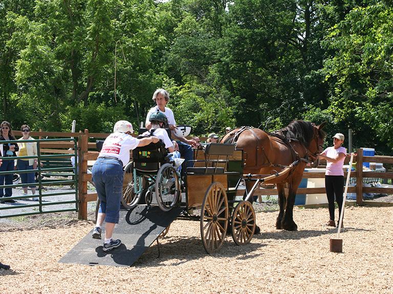 Individual in wheelchair being loaded into a driving wagon.