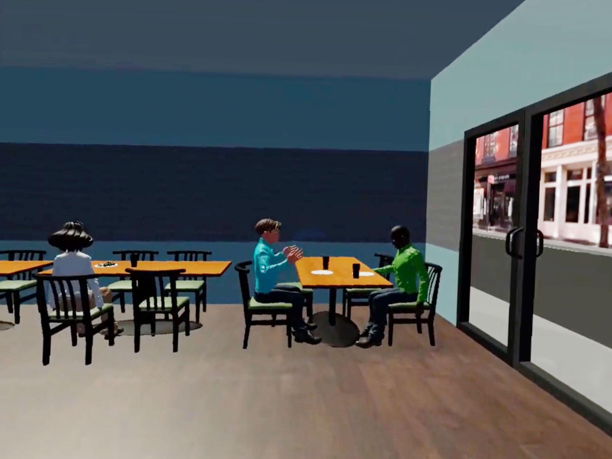 A virtual-reality scene from inside the restaurant of diners and the street beyond the restaurant