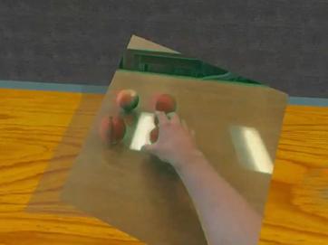 a still image from a video of a hand reaching for a peach with a virtual background around the scence