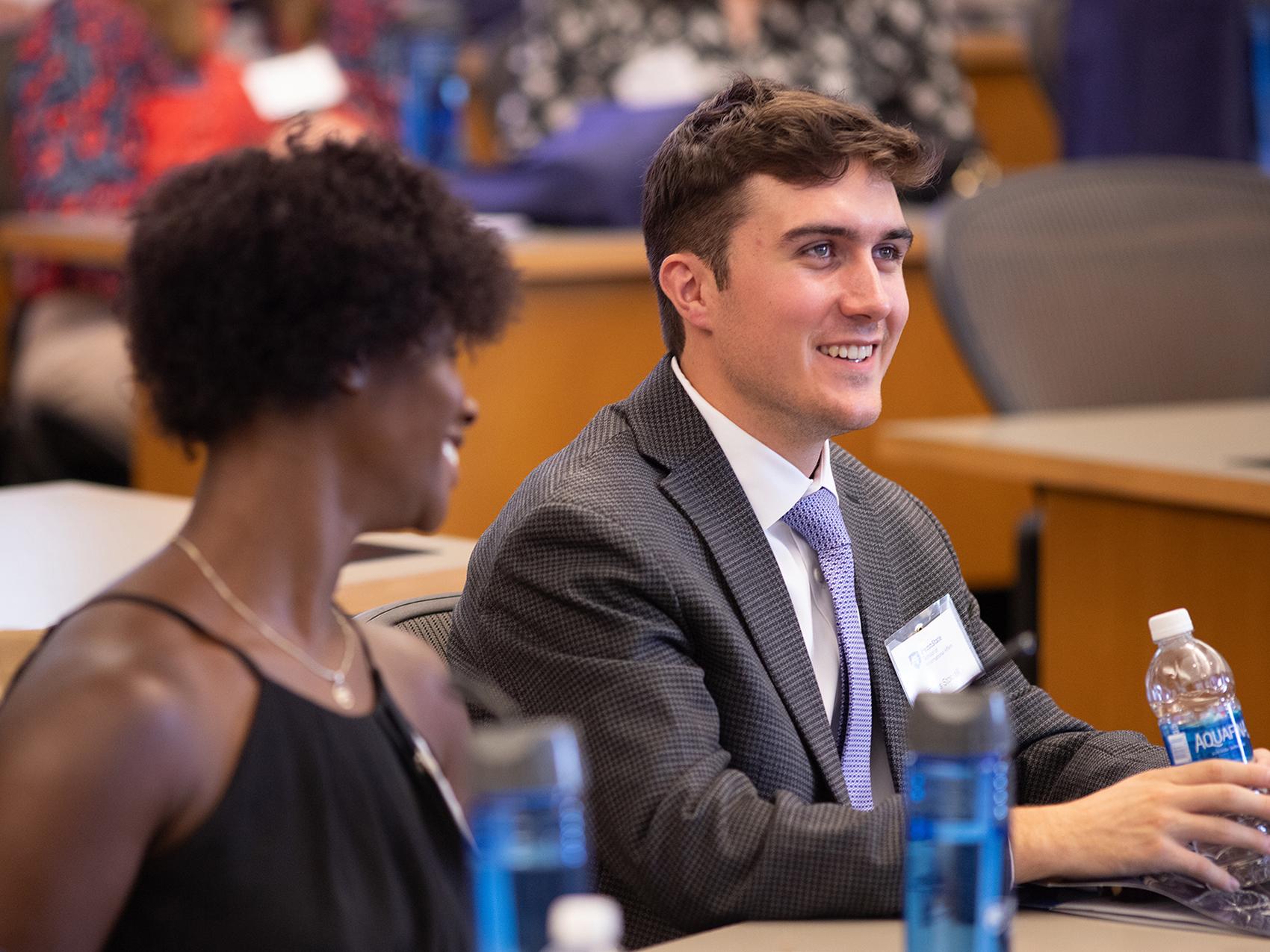 First-year SIA student Elias Stowell at the DEIB workshop during orientation.
