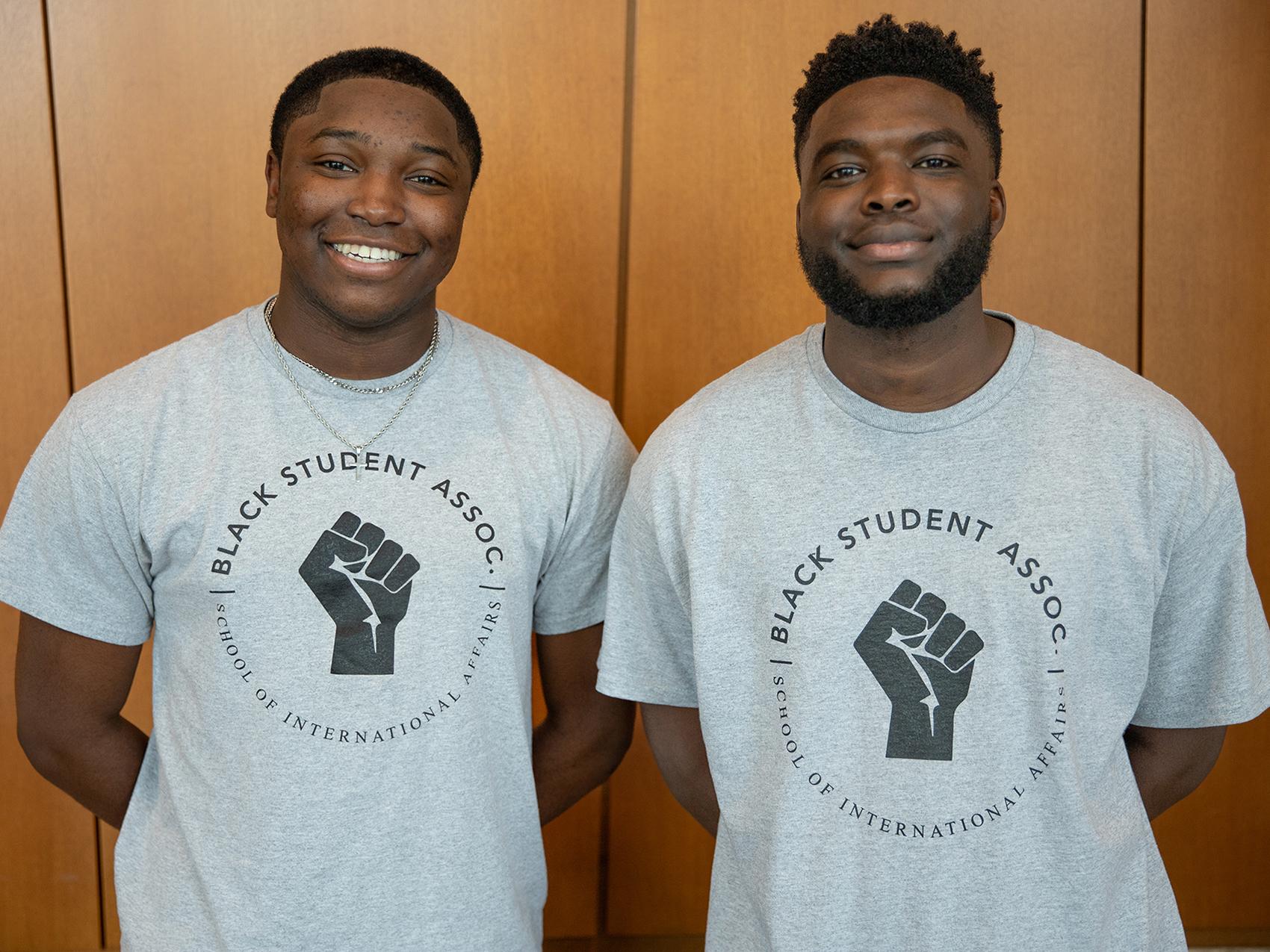 Second-year SIA students Tyrone Williams (left) and Rayan Mama Amadou promoted the Black Student Association (BSA) during the resource fair at orientation.