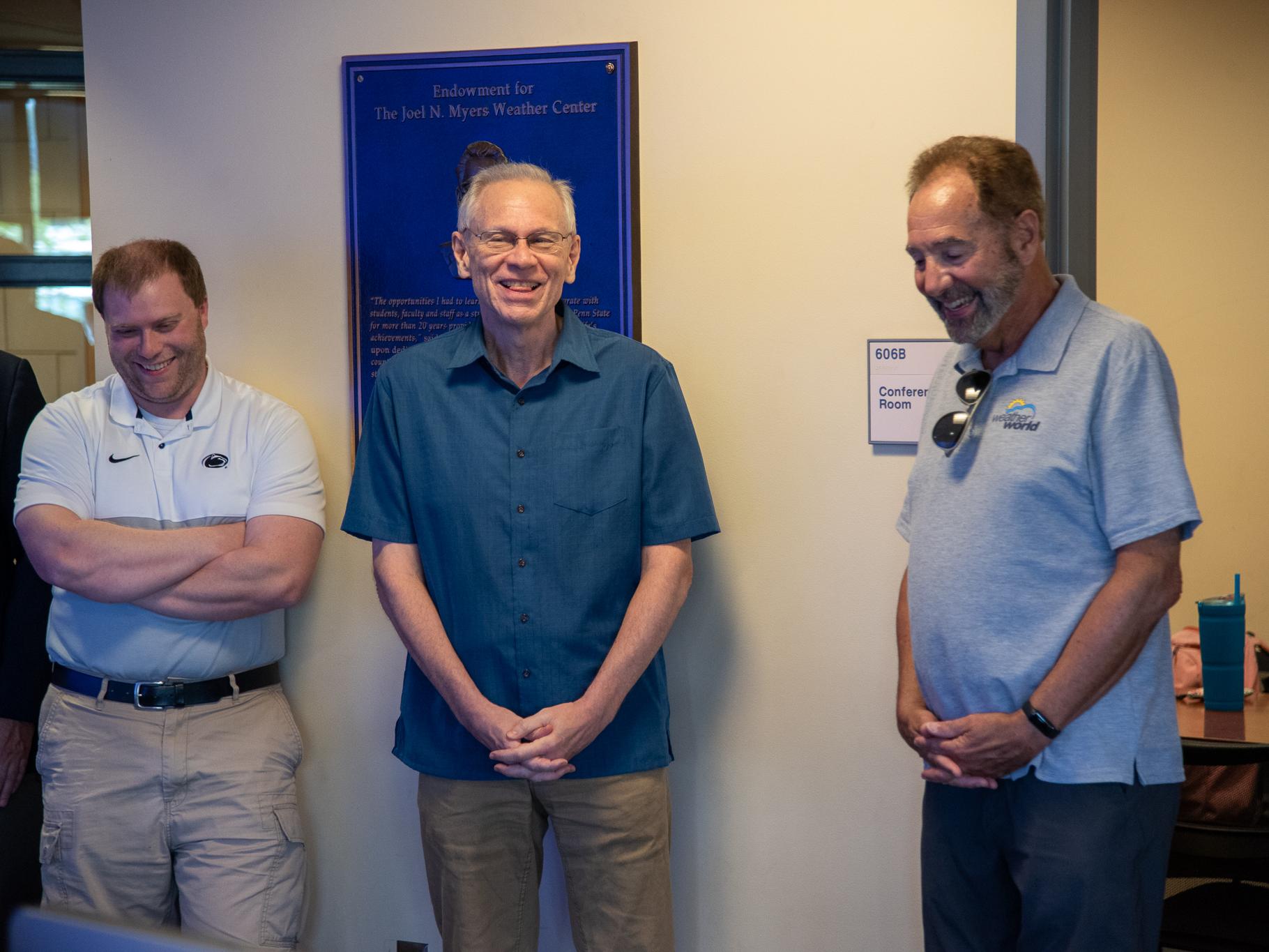 Current Pennsylvania state climatologist Kyle Imhoff attends the ceremony with former “Weather World” hosts Fred Gadomski and Paul Knight.