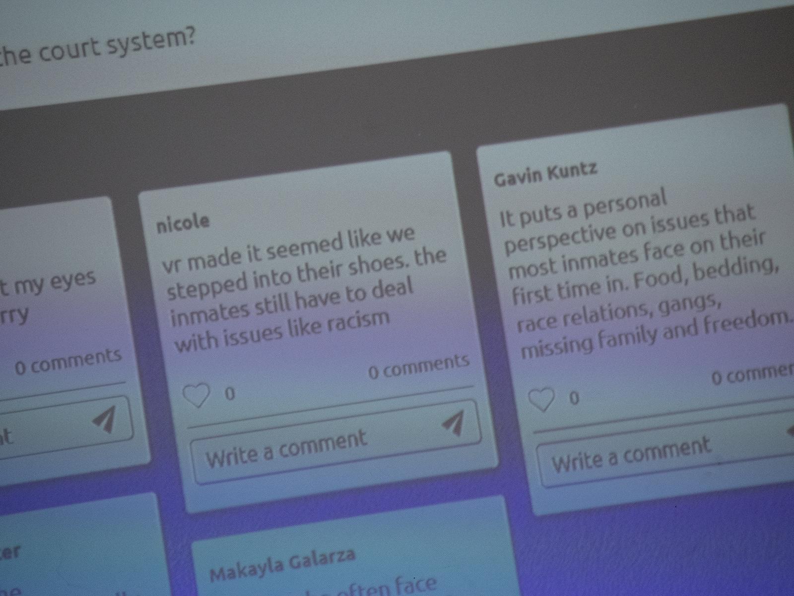 A screen shows criminal justice students' answers to a question about their experience using virtual reality