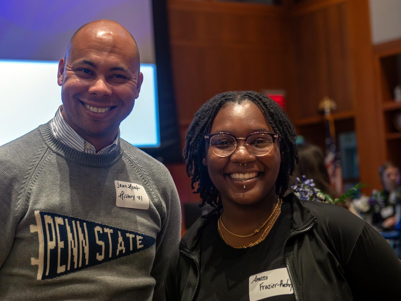 Alumnus Jason W. Hunt, class of 2001 (history) (left) and Ameza Frazier-Rodney, first-year Liberal Arts pre-major, (right) at the Career Readiness Summit.