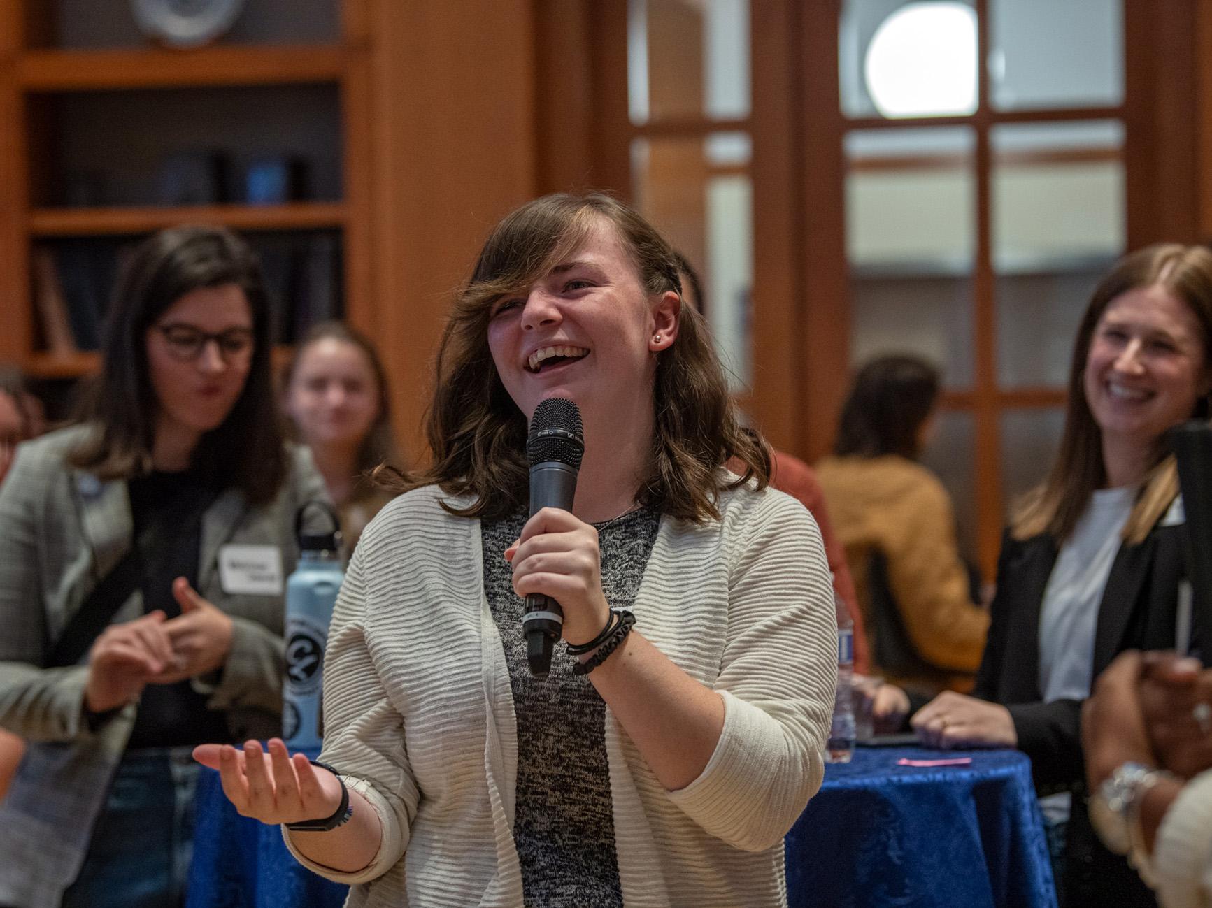 Shelby Knightly, a fourth-year Liberal Arts student majoring in criminology and psychology, speaks during the guided networking session part of the Career Readiness Summit.
