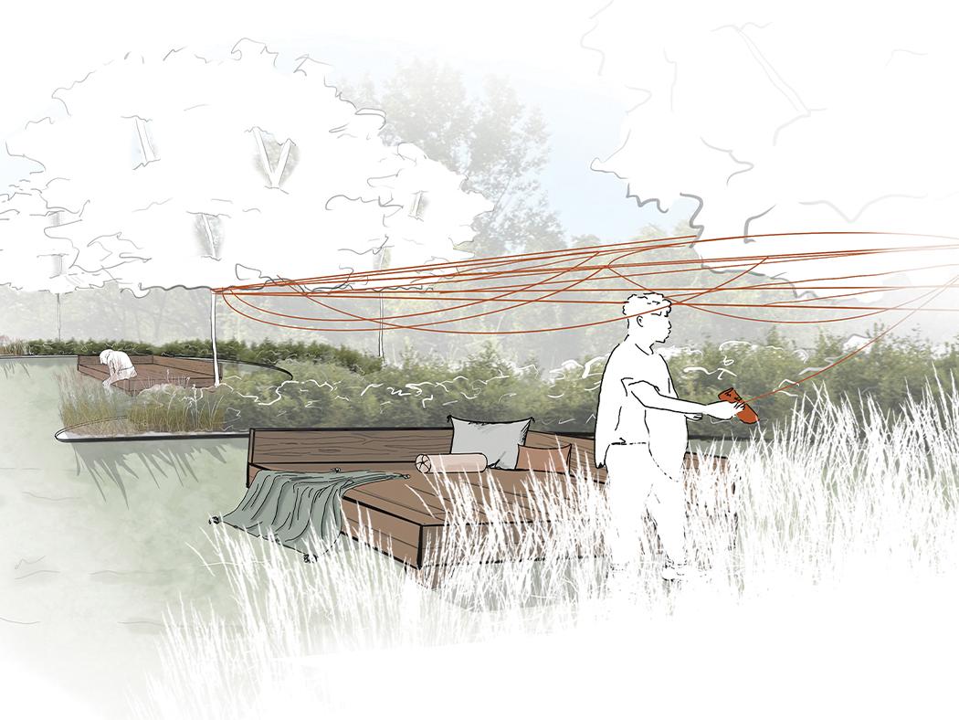 A rendering of a person in a garden environment.