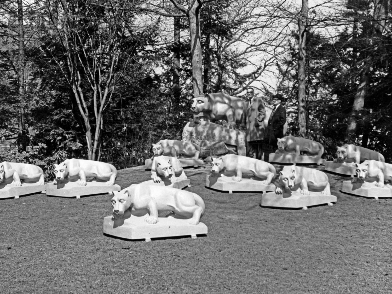 The Nittany Lion statue and ten smaller exact versions