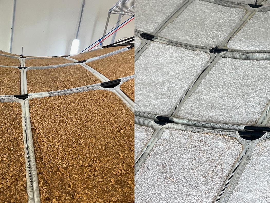 A split screen image of a mycelium paste on panels at left and the grown mycelium on the panels at right.