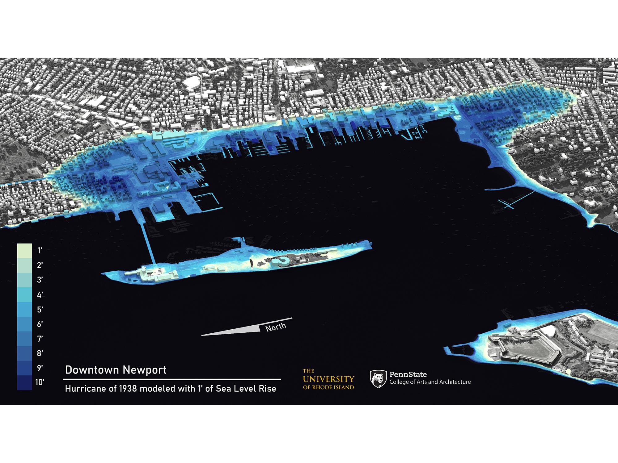 A visualization of inundation levels of the Hurricane of 1938, modeled with one foot of sea level rise, in Newport, Rhode Island.