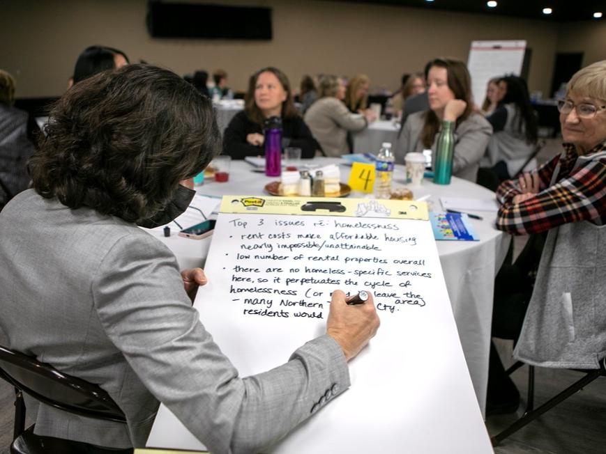 A woman wearing a mask writes notes on a large sheet of paper. 