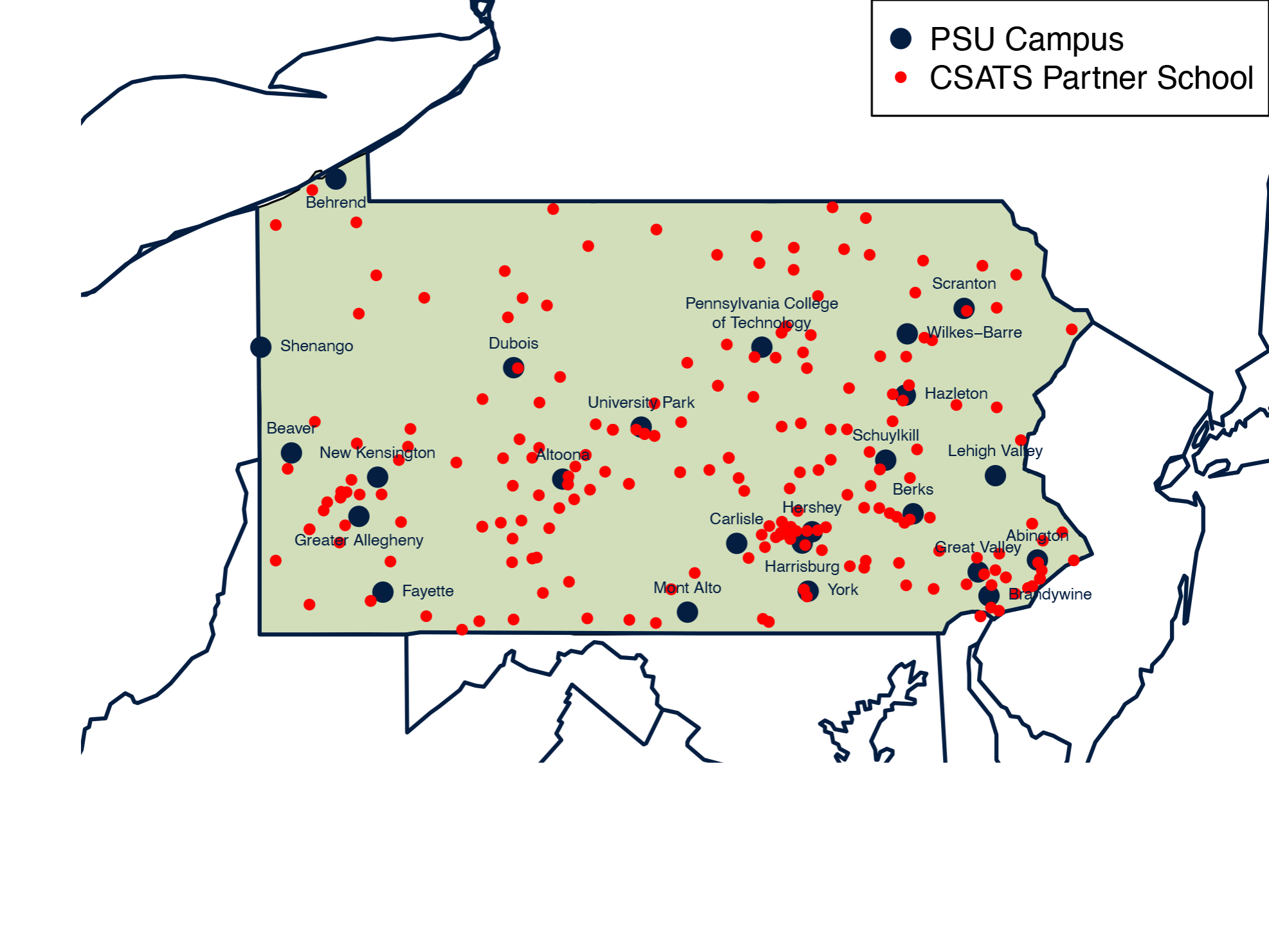 Pennsylvania map depicting location of Penn State campuses and schools with teachers who participate in CSATS programs.