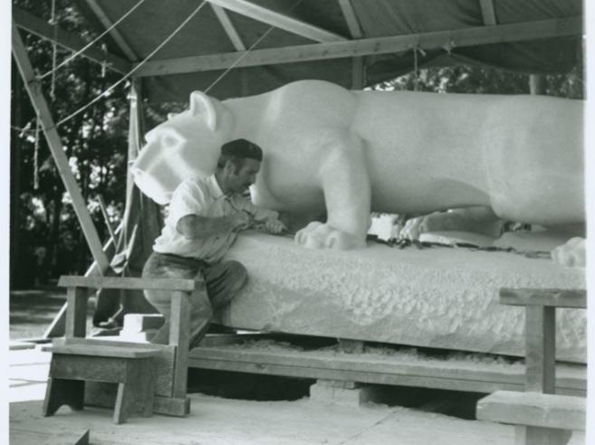 Heinz Warneke works on the Nittany Lion shrine sculpture