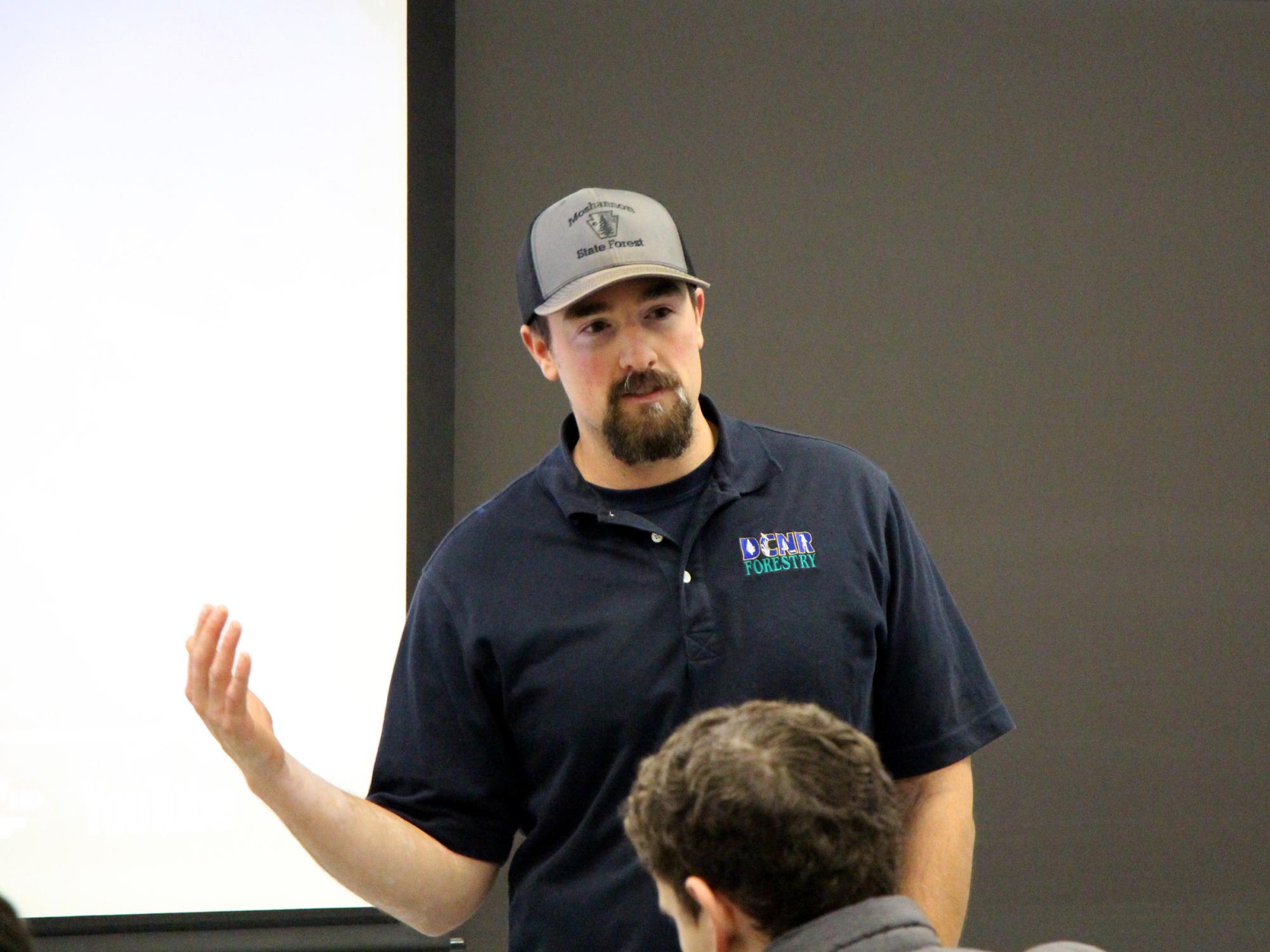 Cody Gulvas sharing some of his personal experiences with the climate and energy class at Penn State DuBois.