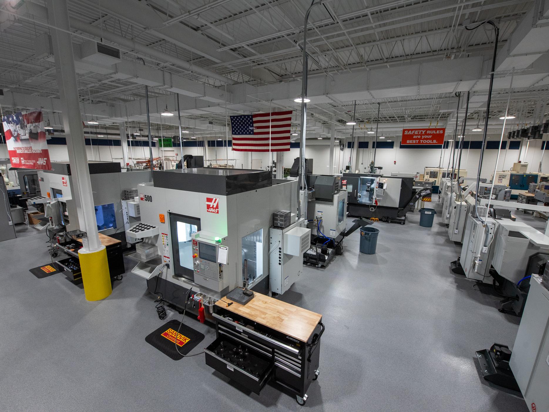 A view of the floor of a manufacturing center with equipment throughout