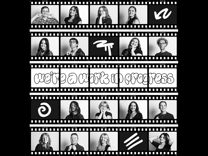 A promotional poster for the Work in Progress exhibit featuring a film roll with black and white photos of each class member.