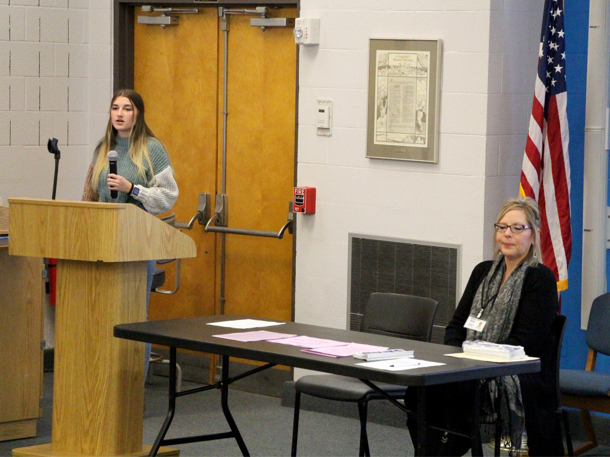 Penn State DuBois student Lilia Lion, left, introduces Becky Misko from the Crossroads Project prior to an open panel discussion during Lion’s victimology presentation.