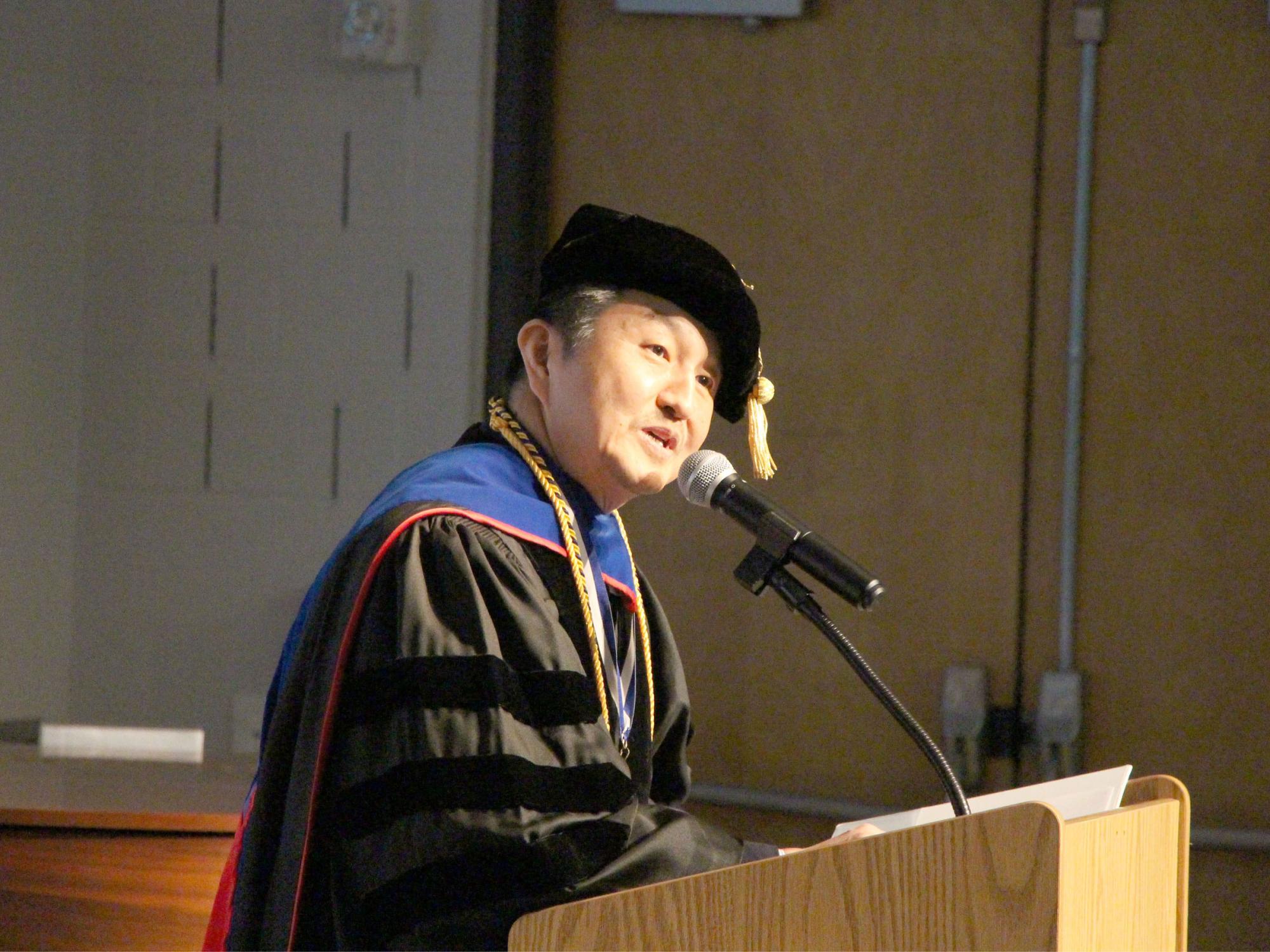 Jungwoo Ryoo, chancellor and chief academic officer, gives his opening remarks during the commencement celebration at Penn State DuBois.