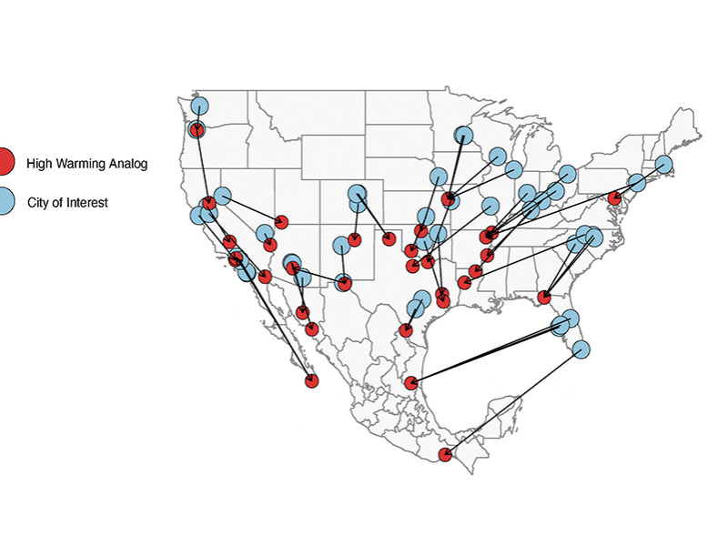 Graphic of the United States with cities and their designated climate analog matches.