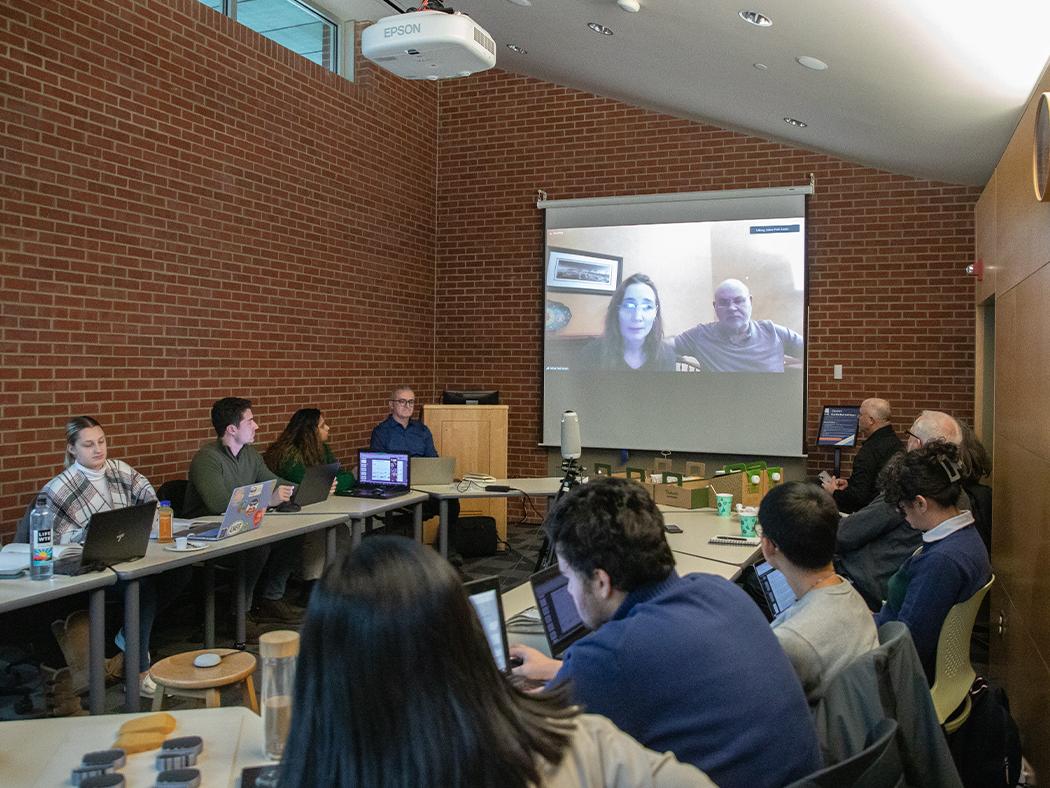 Oil City developers Selina Pedi-Smith and Don Smith on a screen as they appear via Zoom for the architecture studio review.