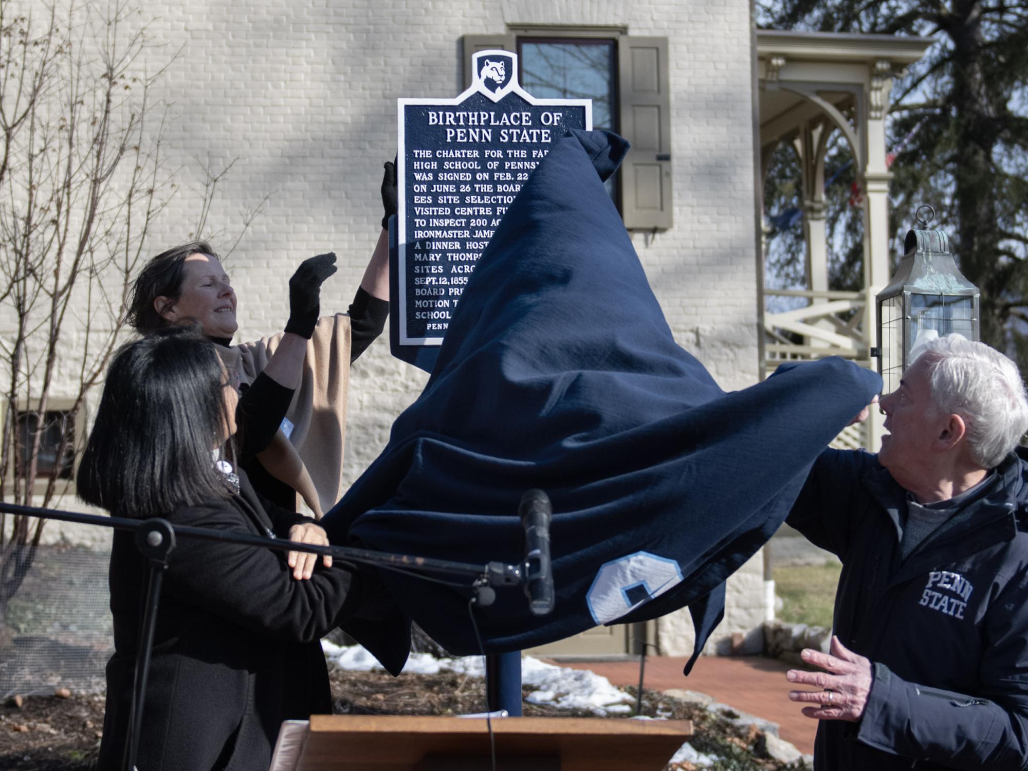 Unveiling new historical marker Birthplace of Penn State at Centre Furnace mansion