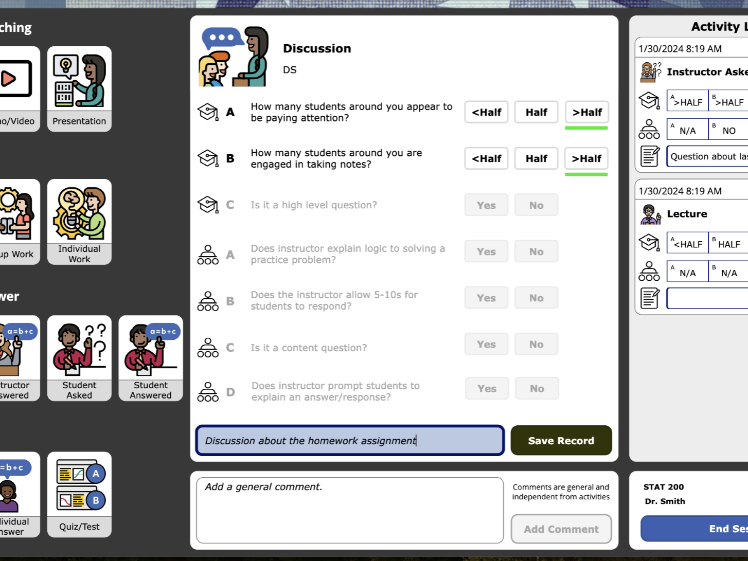 An image displays the CCEDIR application interface for a trained observer focusing on student interaction. In this case, the user identifies discussion as the activity taking place. The interface includes spaces for follow-up questions and general comments.