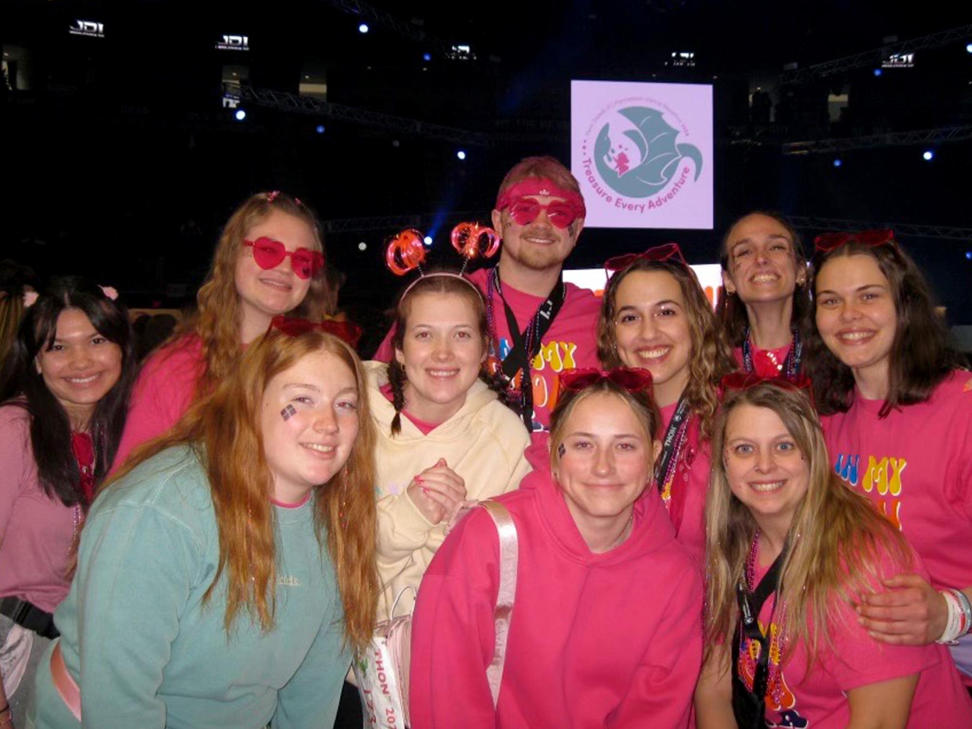 -	Dancers from Penn State DuBois come together with other members of the campus community who were in attendance supporting them during the dance marathon at THON 2024 at the Bryce Jordan Center.