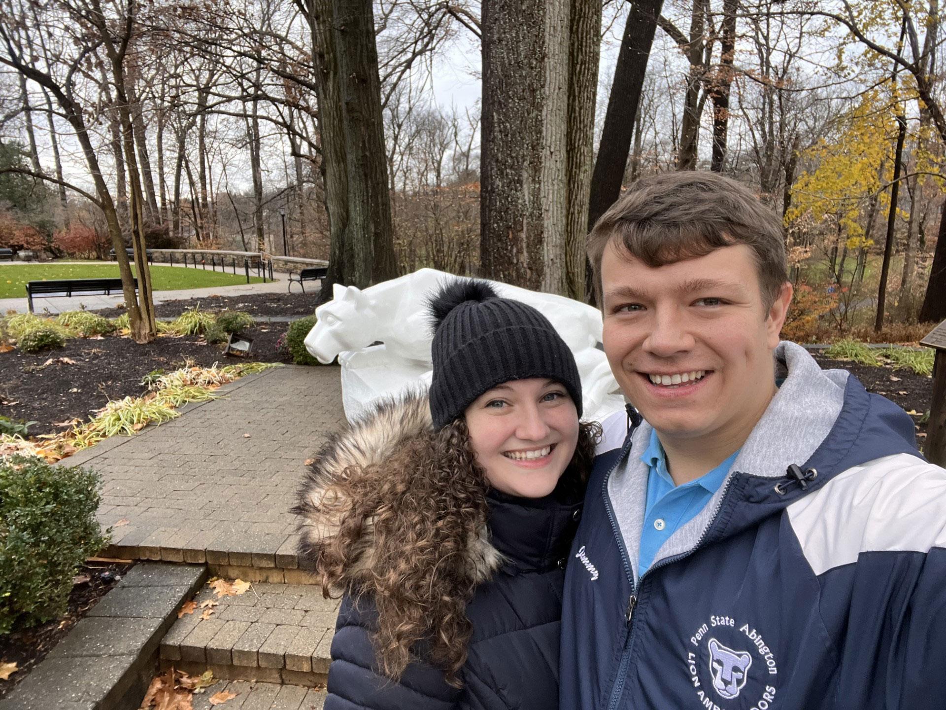 Aly Mullen and Jimmy Link at the lion shrine at Penn State Abington