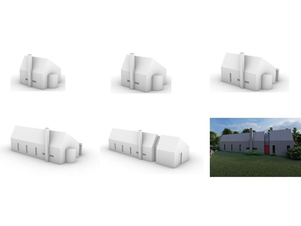 Renderings of a 3D-printed concrete house. 