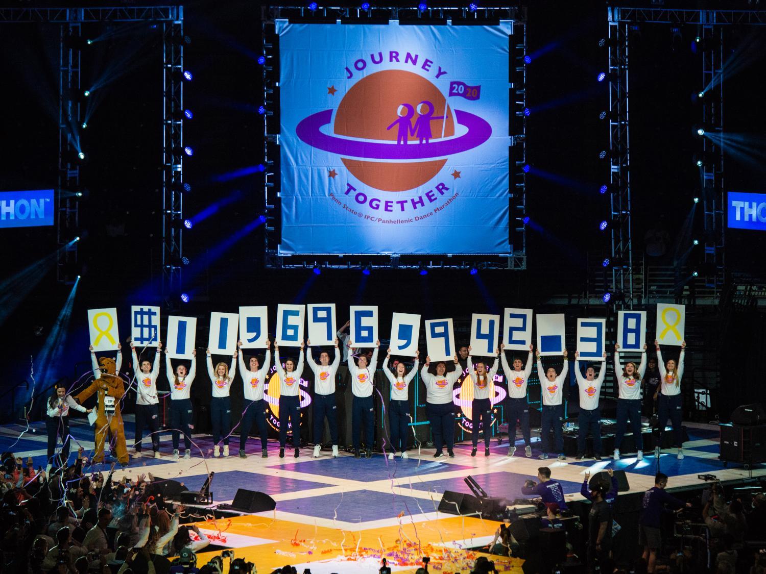the total amount raised at THON 2020 displayed by volunteers on signs