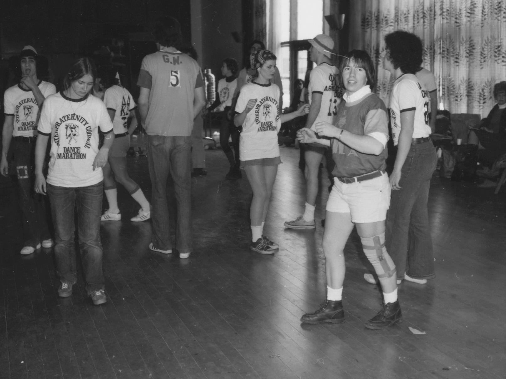 A group of students dancing at THON in the 1970s