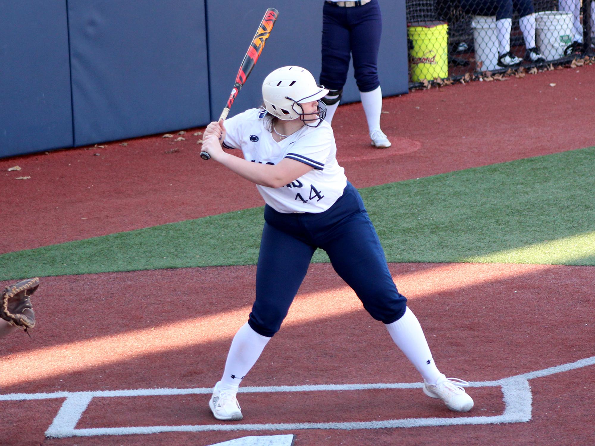 Penn State DuBois freshman catcher Natalie Bowser gets ready for a pitch to be delivered during a recent home game at Heindl Field in DuBois.