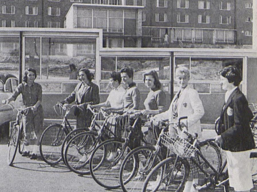 A group of women students on bikes in 1959.