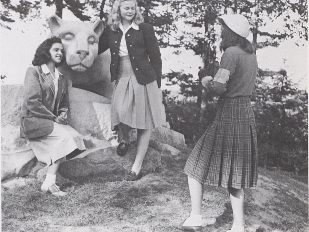 Three women at the Nittany Lion shrine in 1947